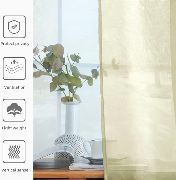 youleyar Solid Sheer Rod Pocket Curtain Voile Draperies 2 Panels White Beige Black Grey Ivory 52 Inch Width 63 Inch Long 1 Pair for Kitchen Bedroom Children Living Room Yard (Sage Green,52Wｘ63L)