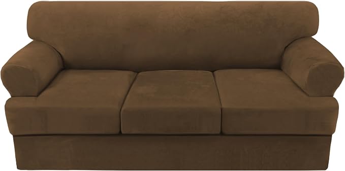 H.VERSAILTEX Sofa Cover 4 Piece T Cushion Sofa Slipcovers Thick Velvet Couch Cover Stretch T Cushion Sofa Covers for 3 Cushion Couch with 3 Individual T Cushion Covers, Bronze Brown