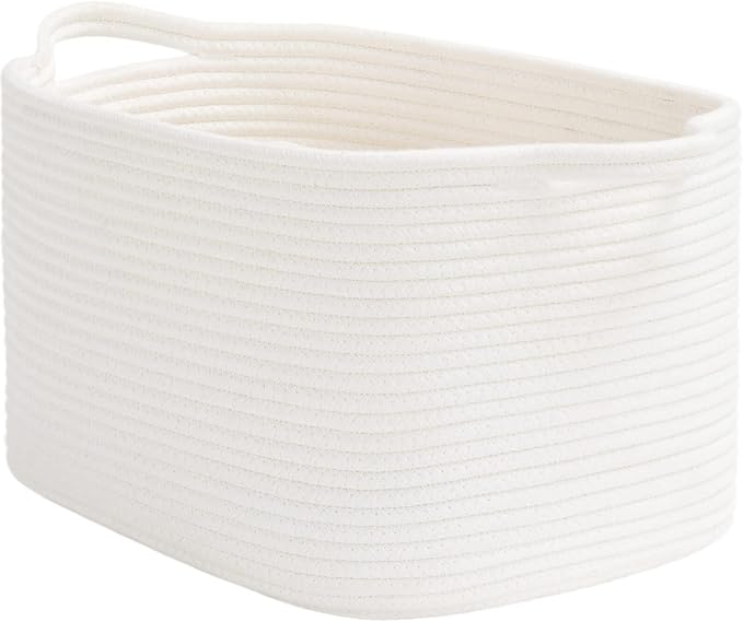 Goodpick Woven Rope Storage Basket with Handles, 13" x 10" x 9", White | Rectangle Basket for Books, Toys & Towels Storage, Shelf & Closet Organization, Living Room & Nursery Decor