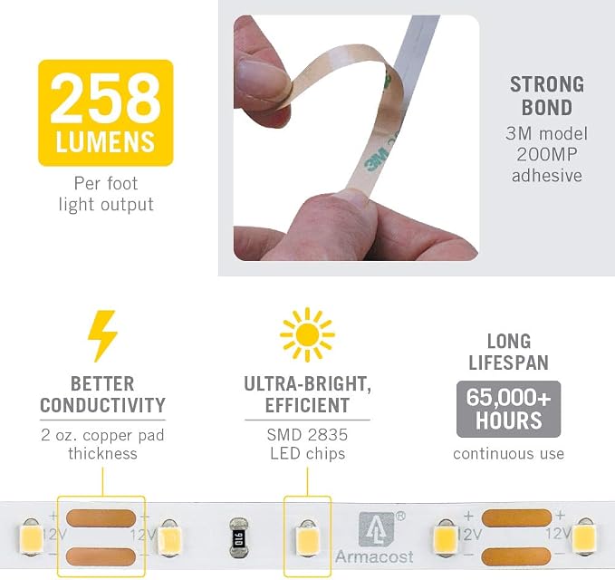 Armacost Lighting RibbonFlex Pro 12V White LED Strip Lights 60 LED/m, 2700K, 12 ft, 132220