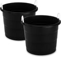Homz 2 Pack of 17 Gallon Storage Buckets, Durable Plastic Containers, Sturdy Rope Handles, Large Tubs for Sports Equipment, Party Cooler, Gardening, Toys and Laundry, Black