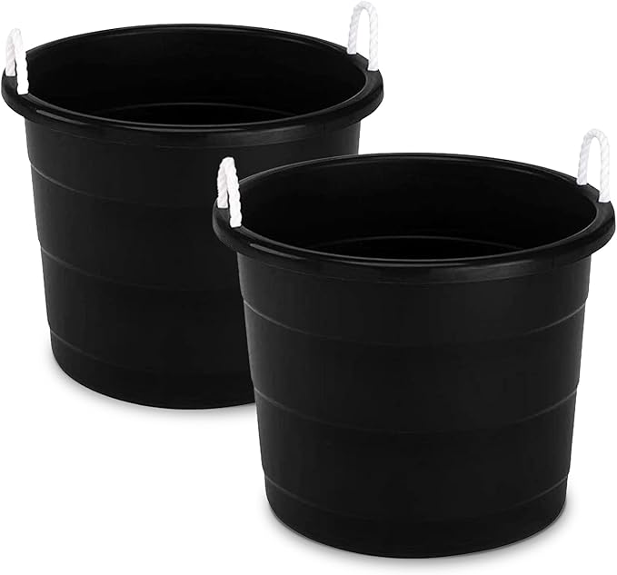 Homz 2 Pack of 17 Gallon Storage Buckets, Durable Plastic Containers, Sturdy Rope Handles, Large Tubs for Sports Equipment, Party Cooler, Gardening, Toys and Laundry, Black