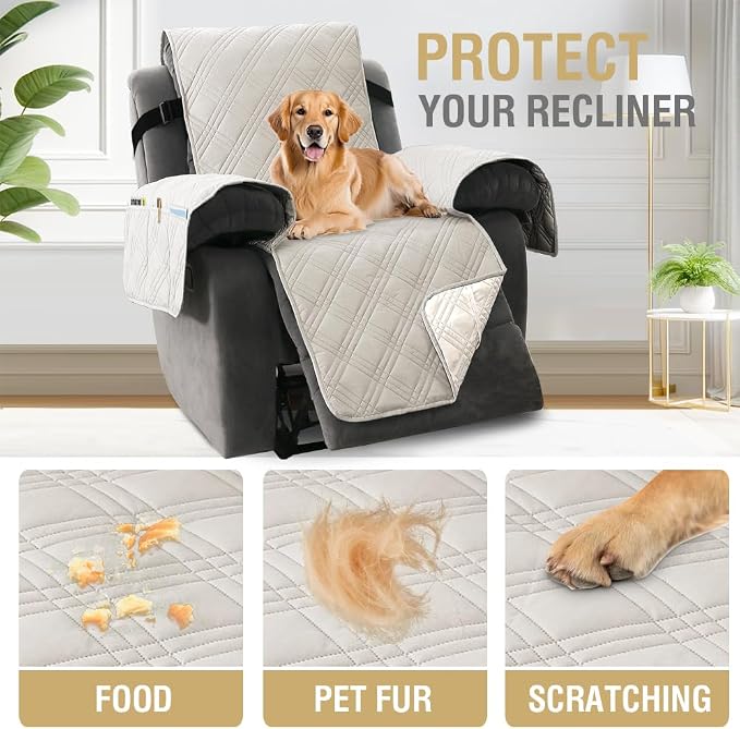 H.VERSAILTEX 100% Waterproof Recliner Slipcover 1-Piece Reversible Recliner Covers for Large Recliner with Elastic Straps Sitting Width Up to 28" (Oversized Recliner, French Oak/Beige)
