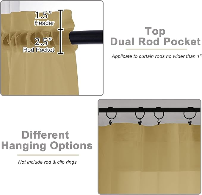 Gold Sheer Curtains 90 Inches Long 2 Panels Set for Bedroom Living Room, Soft Airy Light Filtering Modern Solid Rod Pocket Drapes Window Treatments, Gold, Each 59" W x 90" L