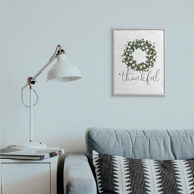 Thankful Cotton Wreath Botanical Accent, 16 x 20 Inch Framed Giclée Print | Stupell Industries | Gray, 16 x 20 Inches, Easy to Hang and Sturdy, Made in USA, by Lettered and Lined