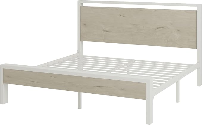 Allewie King Size Bed Frame, Heavy Duty 12 Metal Slats Support, White | Wooden Headboard and Footboard, Modern Platform Bed, No Box Spring Needed, Under-Bed Storage, Noise Free, Easy Assembly