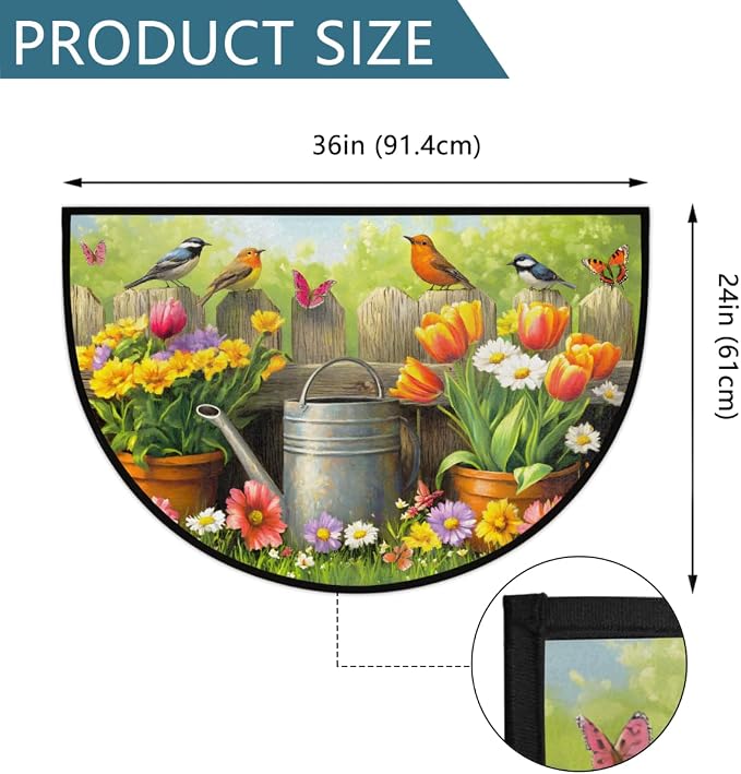 cfpolar Spring Birds Flowers Half Round Door Mat Indoor Entrance Half Circle Area Rug Semi Circular Door Mat Half Moon Rug for Floor Bathroom Living Room Bedroom Kitchen Fireplace 24"x36",A-08
