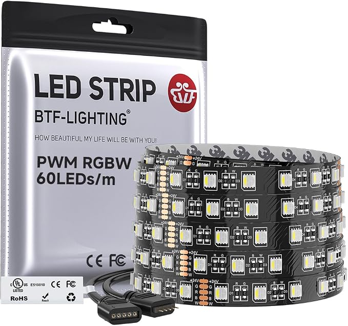 BTF-LIGHTING RGBW LED Strip Lights,UL Listed,5050 4 Colors in 1 RGB + 6000K-7000K Cool White,24V DC,16.4ft/5m 60LEDs/m 12mm Black PCB, IP30 for Home Decoration(No Adapter or Controller)