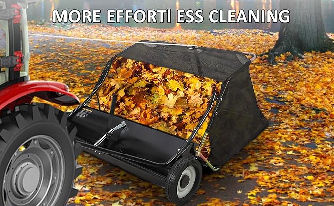 Tow Behind Lawn Sweeper, 48" Pull Behind Collector – Large Capacity Leaf & Grass Collector with Adjustable Height, Dumping Rope Design for Debris and Lawn Clippings