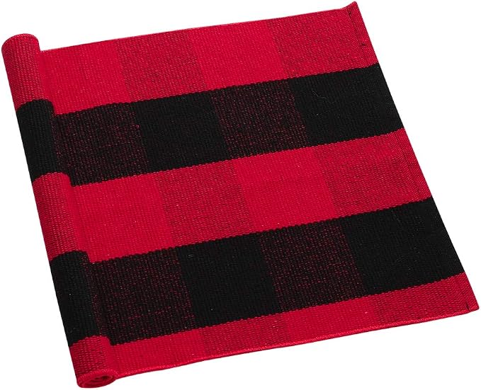 uxcell Buffalo Check Rug,Plaid Outdoor Rug,Layered Door Mat,Cotton Gingham Rugs,Floor Mat for Front Porch/Runner/Bedroom/Kitchen/Farmhouse 28"x18" Red & Black