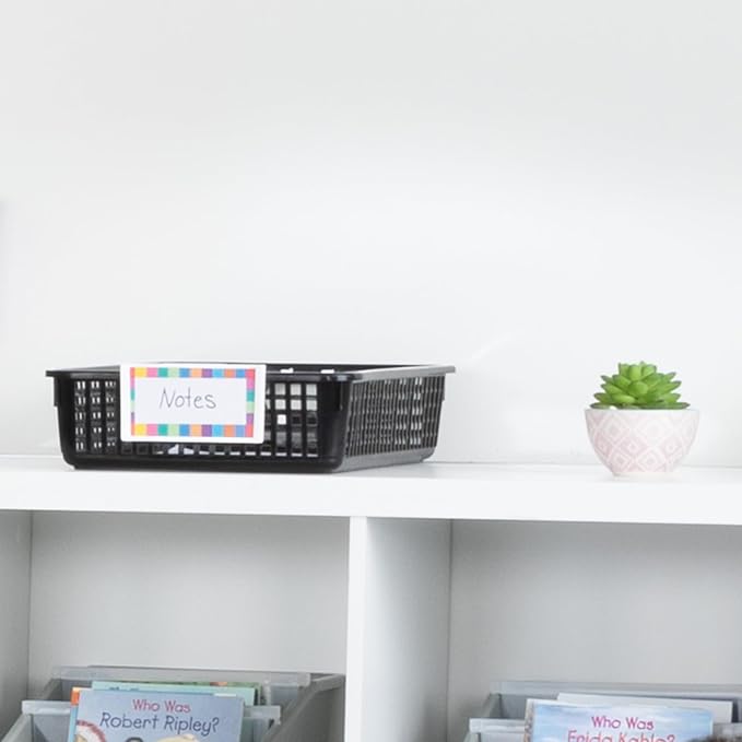 Really Good Stuff Multi-Purpose Small Desktop Paper Storage Baskets, 4 Pack | 14" x 10" x 3.25", Black, Classroom Organization, Stackable Mesh Plastic Baskets with Grip Handles