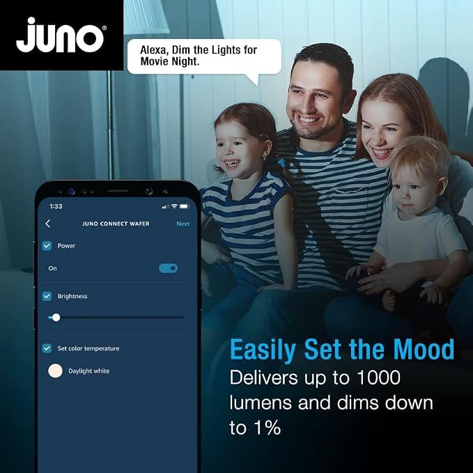Juno WF4C ADJ TUWH MW M6 Smart LED Wafer Downlight, 2700K-5000K Tunable White, Dimmable, Zigbee or Bluetooth Connection, Use with Alexa, Google Home, SmartThings, Adjustable, 4 Inch, Matte White
