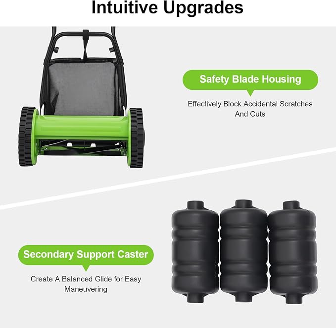 12in 5-Blade Push Reel Lawn Mower Manual Lawn Mower, Walk-Behind Lawn Mower with 6 Gallons Grass Catcher, 0.47-1.77 inches Manual Adjustable Cutting Height, for a Green Healthy Lawn (Green, 12in)