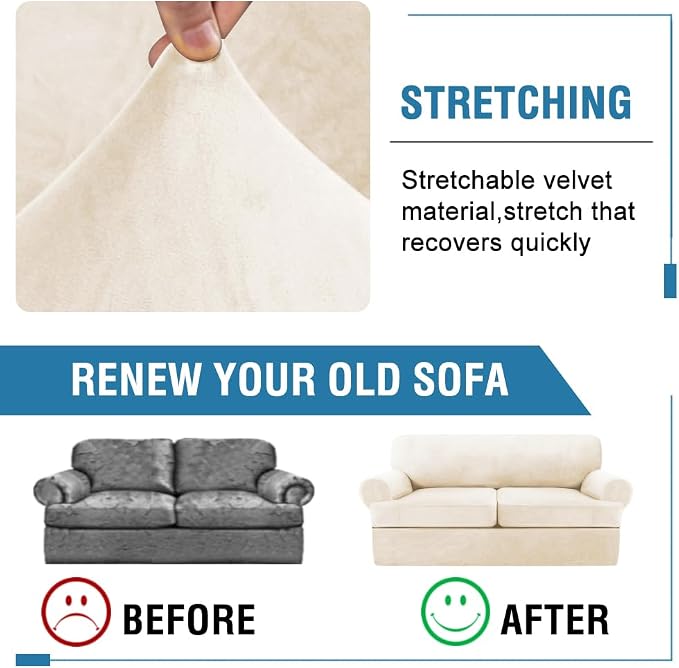 H.VERSAILTEX Sofa Cover 3 Piece T Cushion Sofa Slipcovers Thick Velvet Couch Cover Stretch T Cushion Sofa Covers for 2 Cushion Couch with 2 Individual T Cushion Covers, Cream