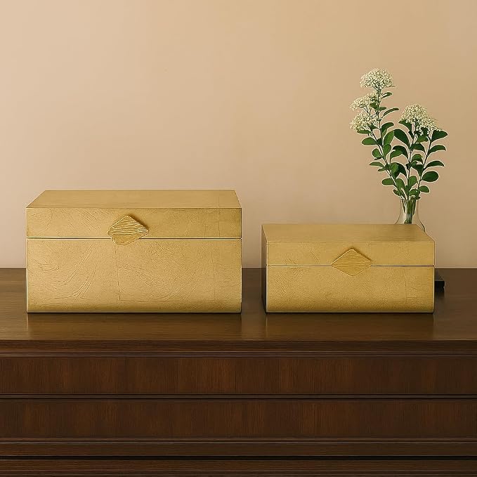 Vintiquewise Set of 2 Decorative Wooden Storage Boxes with Gold Accent – Boxes for Keys, Jewelry, Makeup, Accessories, Crafts, Gadgets, Home Office, Living Room, Bedroom & Entryway Décor, Gold