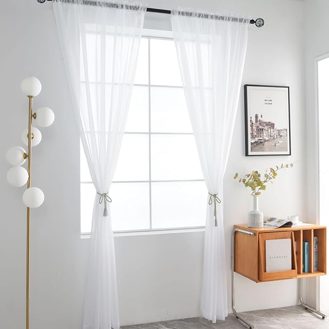 SpaceDresser Basic Rod Pocket Sheer Voile Window Curtain Panels White 1 Pair 2 Panels 52 Width 72 Inch Long for Kitchen Bedroom Children Living Room Yard(White,52 W x 72 L)