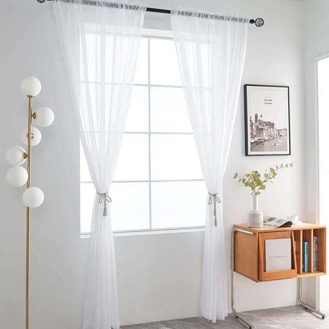 SpaceDresser Basic Rod Pocket Sheer Voile Window Curtain Panels White 1 Pair 2 Panels 52 Width 95 Inch Long for Kitchen Bedroom Children Living Room Yard(White,52 W x 96 L)