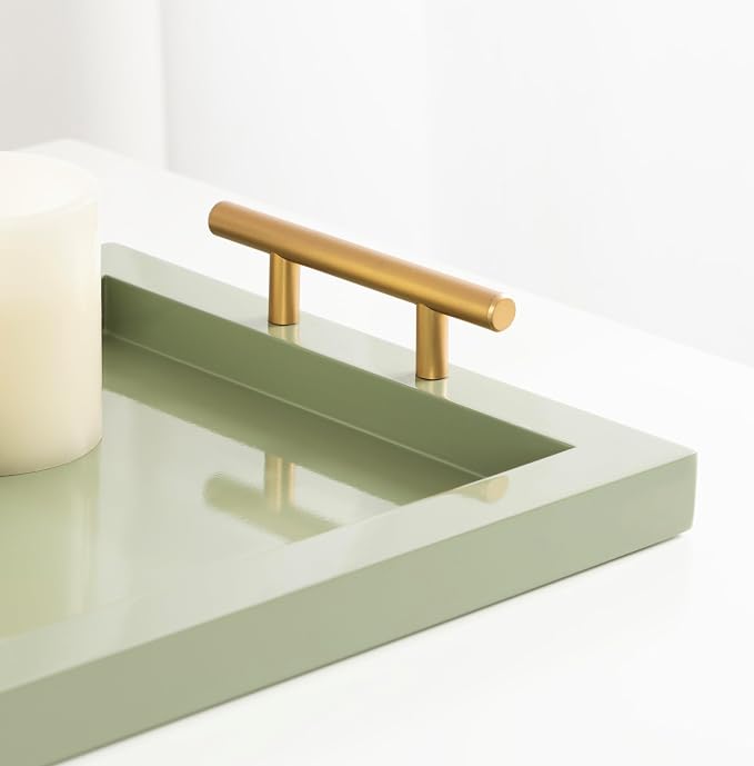 Kate and Laurel Halsey Rectangle Decorative Narrow Tray with Gold Metal Handles; 24 x 10; Green and Gold; Modern Glam Slim Serving Tray with Handles for Living Room Decor