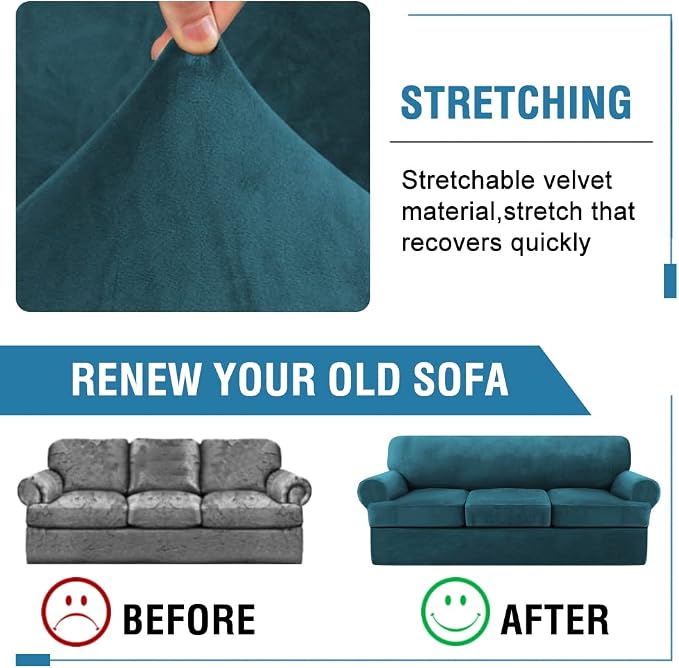 H.VERSAILTEX Sofa Slipcovers - 4 Piece Thick Velvet Couch Covers for 3 Cushion Couch with 3 Individual T Cushion Covers, Deep Teal