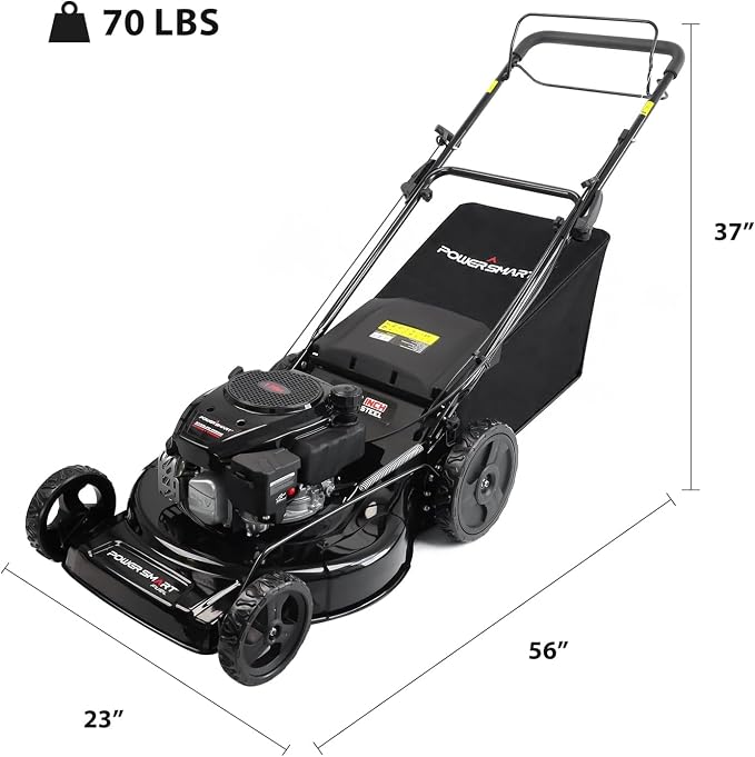 PowerSmart 22-inch 170cc 3-in-1 Self Propelled Gas Lawn Mower | 4-Cycle OHV Engine, Rear Bag/Mulching/Side-Discharge, 6-Position Height Adjustment, Steel Deck