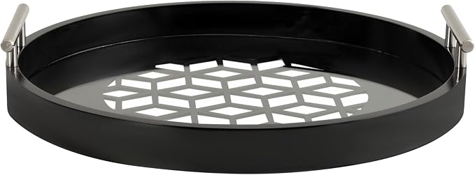 Kate and Laurel Caspen Cut Out Pattern Decorative Round Tray with Silver Metal Handles; 16 x 16; Black and Silver; Modern Glam Serving Tray with Handles for Living Room Decor