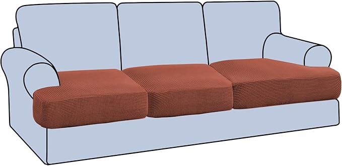 H.VERSAILTEX Stretch 3 Piece T Cushion Sofa Slipcovers Individually Sofa Cushion Covers for 3 Cushion Couch Sofa Seat Cushion Covers with Elastic Bands Featuring Thicker Jacquard Fabric, Rust