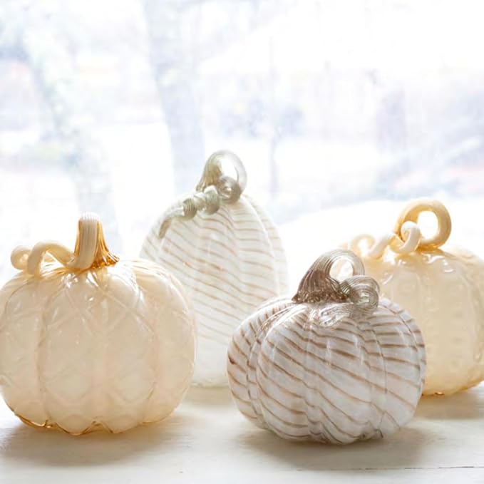 Boston International Handblown Art Glass Pumpkin Thanksgiving Halloween Decorations for Home, Medium, Butter Diamond