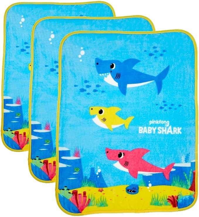 Franco Baby Shark Kids Bedding Super Soft Silk Touch Throw, 40 in x 50 in, (Official Licensed Product) (Pack of 3)