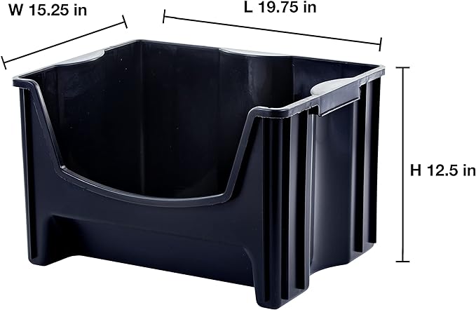 Mighty Tuff Jumbo Stackable Storage Bins, Pack of 3, Easy-Access Storage, Large Easy-to-Grip Handles, Wide Front Opening, Interlocking, Stack Vertically, Black