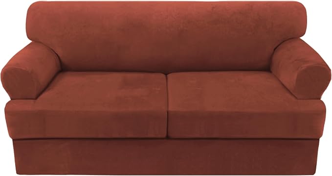 H.VERSAILTEX Sofa Cover 3 Piece T Cushion Loveseat Slipcovers Thick Velvet Couch Cover Stretch T Cushion Sofa Covers for 2 Cushion Couch with 2 Individual T Cushion Covers Washable, Rust