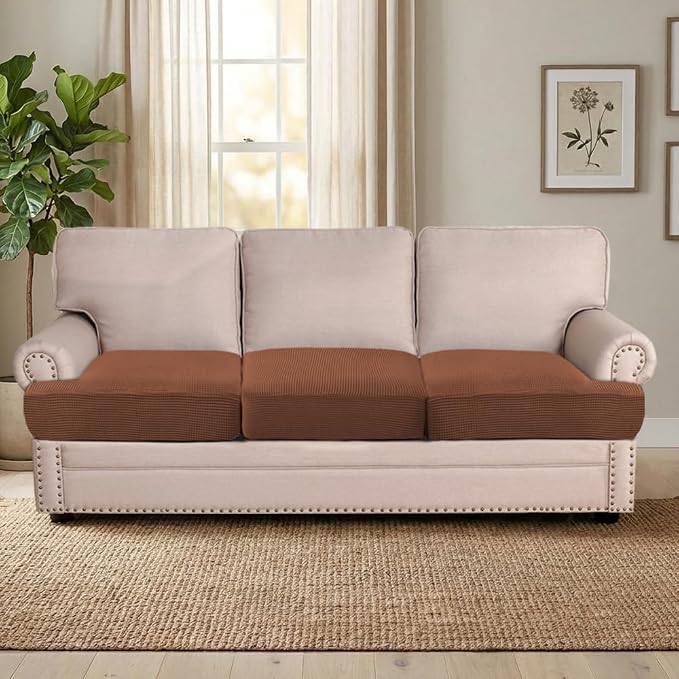 H.VERSAILTEX Stretch 3 Piece T Cushion Sofa Slipcovers Individually Sofa Cushion Covers for 3 Cushion Couch Sofa Seat Cushion Covers with Elastic Bands Featuring Thicker Jacquard Fabric, Caramel