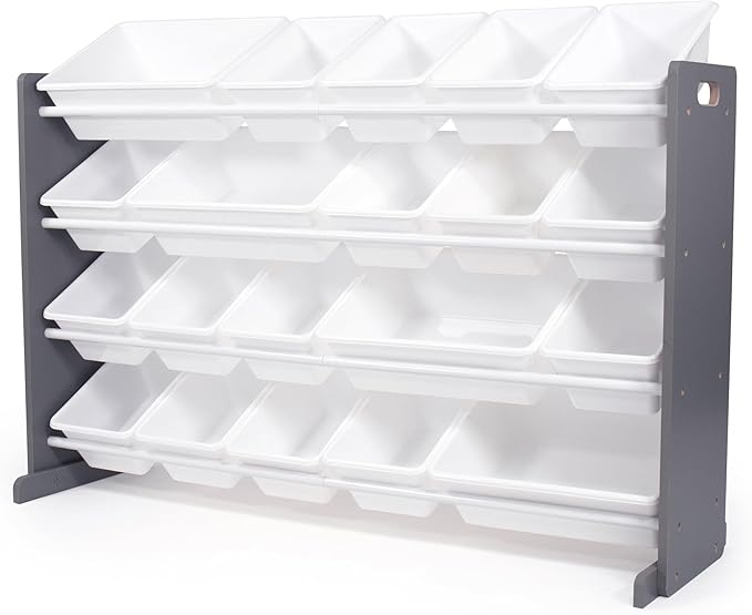 Humble Crew Kids Toy Organizer with 20 Bins, 4 Tier Storage for Playroom | Sturdy wood and steel toddler shelf, removable BPA-free containers, wall anchor anti-tip safety kit for bedroom or classroom