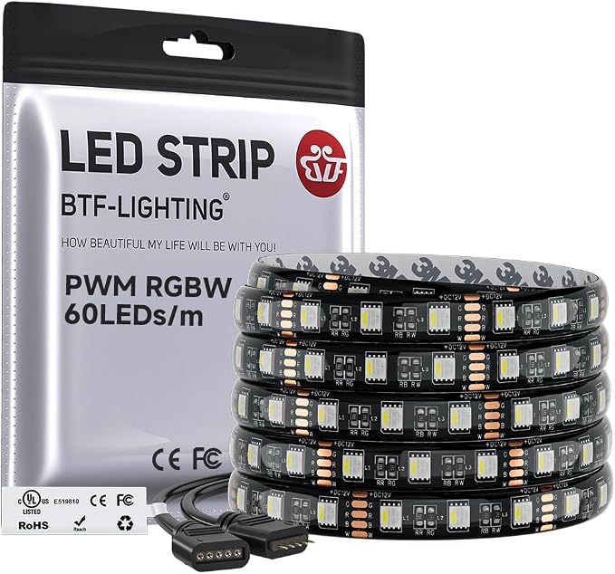 BTF-LIGHTING RGBW LED Strip Lights,UL Listed,5050 4 Colors in 1 RGB + 6000K-7000K Cool White,12V DC,16.4ft/5m 60LEDs/m 12mm Black PCB, IP30 for Home Decoration(No Adapter or Controller)