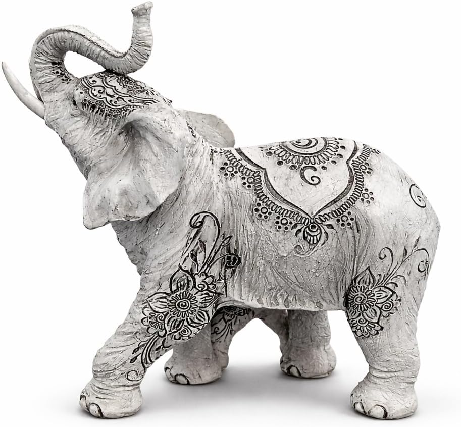 Large 8.25" W Decorative White Elephant and Baby with Tattoo Statue Feng Shui Decoration Religious Figurine Office Desk/Home/Living Room/Table Decor, Perfect House Warming Gifts for New Home