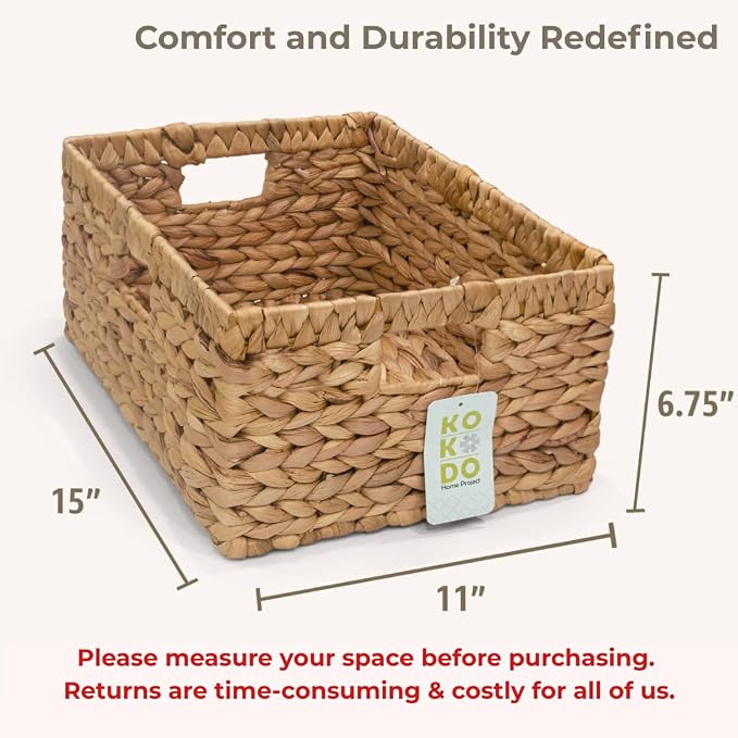 KOKODO 15”L x 11”W Large Rectangular Water Hyacinth Wicker Storage Basket with Handles, Metal Frame and Chalkboard Label, Handwoven Bin for Space-Saving Room Organization