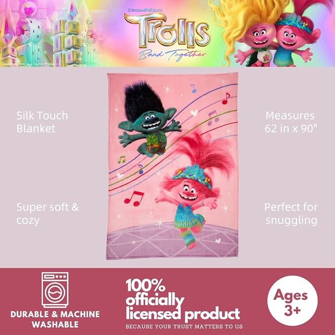 DreamWorks Trolls 3 Band Together Movie Kids Bedding Super Soft Plush Throw Blanket, 62 in x 90 in, (Officially Licensed Product), By Franco