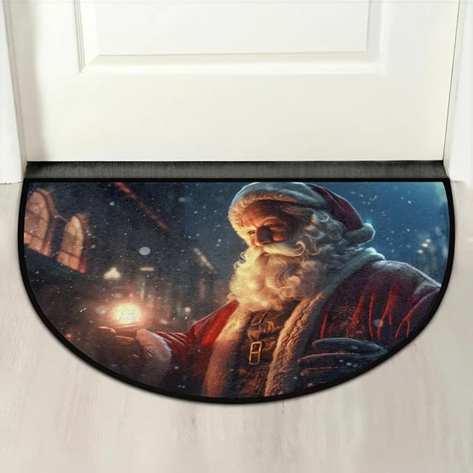 cfpolar Christmas Winter Santa Claus Half Round Door Mat Indoor Entrance Half Circle Area Rug Semi Circular Door Mat Half Moon Rug for Floor Bathroom Living Room Bedroom Kitchen Fireplace 24"x36"