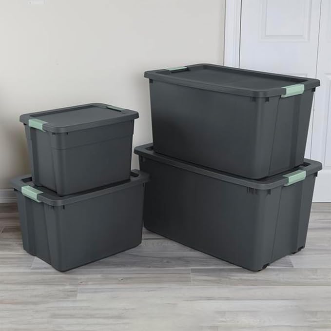 Sterilite 24 Pack Latch Tote, Stackable Plastic Storage Container, 12 Gallon, Gray/Green