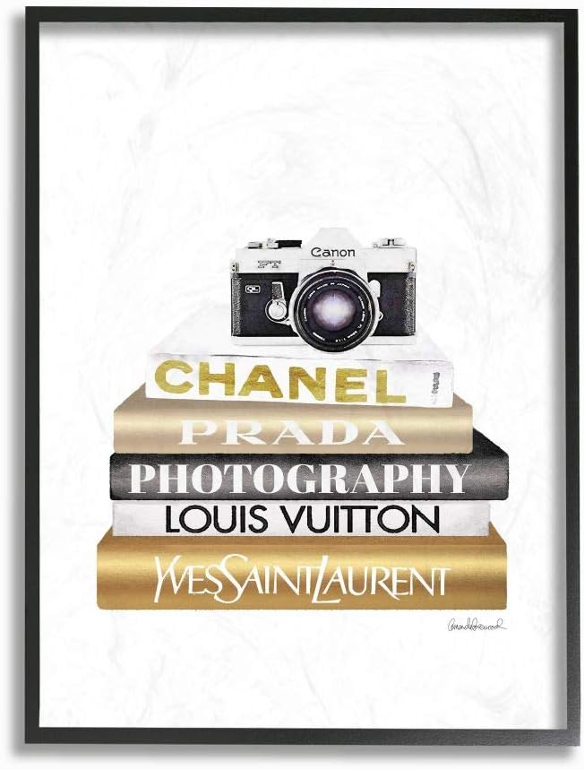 Stupell Industries 'Camera Gold Black Bookstack'| Framed Giclee Art | Stupell Industries | Black, 24 x 30 Inches, Easy to Hang and Sturdy, Made in USA, by Amanda Greenwood