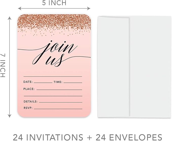 Andaz Press Blush Pink and Rose Gold Glitter Elegant Party Collection, 5x7-inch Invitations with Envelopes, Join US, 24-Pack, Double Sided Printing, Heavy Card Stock, Includes Envelopes