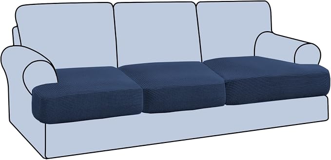 H.VERSAILTEX Stretch 3 Piece T Cushion Sofa Slipcovers Individually Sofa Cushion Covers for 3 Cushion Couch Sofa Seat Cushion Covers with Elastic Bands Featuring Thicker Jacquard Fabric, Navy