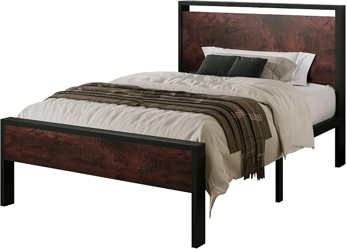 Allewie Twin Size Bed Frame, Heavy Duty 12 Metal Slats Support, Mahogany | Wooden Headboard and Footboard, Modern Platform Bed, No Box Spring Needed, Under-Bed Storage, Noise Free, Easy Assembly
