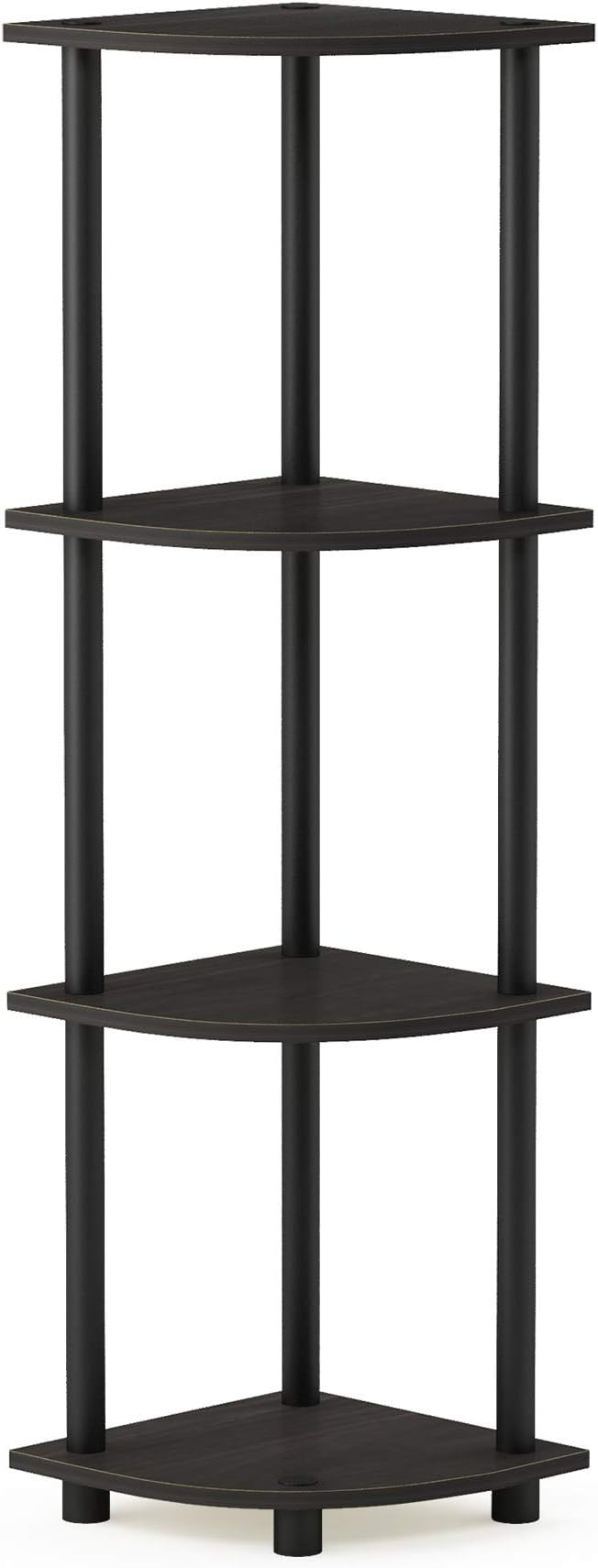 Furinno TURN-N-TUBE Corner Shelf, 4-Tier Corner Bookshelf, Display Storage Shelves with Open Shelves, for Organization and Storage, Living Room, Home Office, Garage, Espresso