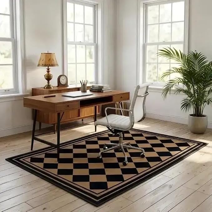 Checkered Rug 3x5, Washable Non-Slip Checkerboard Rug, Black and Tan Diamond Neutral Farmhouse Style Mat for Entryway, Kitchen, Laundry Room, Patio, Porch