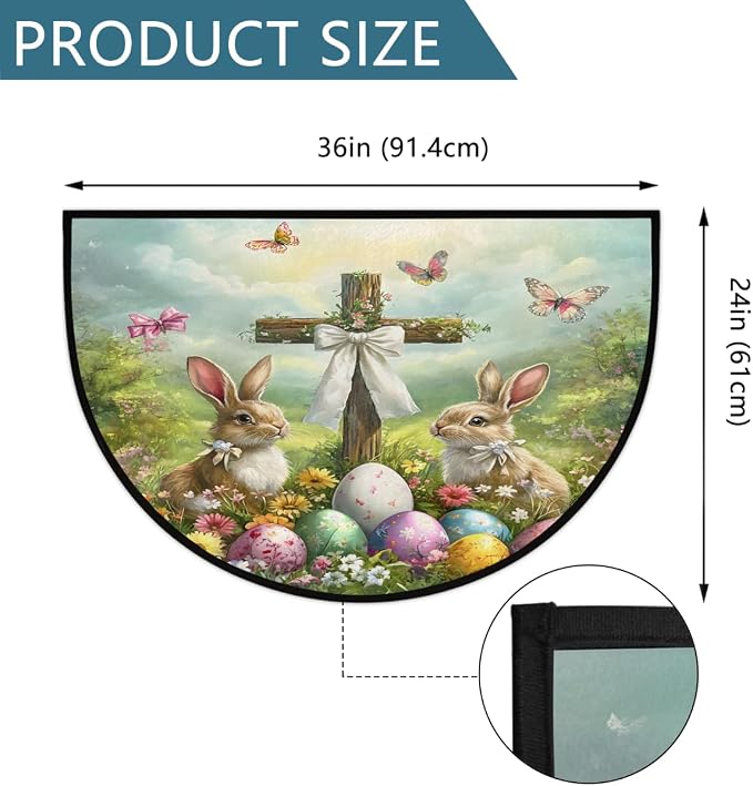 Easter Rabbit Half Round Rug Half Moon Door Mat Half Circle Rugs | Eggs Holiday Washable Non-Slip Semi Circle Rug Welcome Half Round Door Mat Indoor Entrance Kitchen Bedroom Living Room Decor