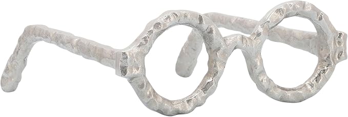 Round Glasses Decorative Object – Aluminum Sculpture Modern Home Decor Ornament – Shelf Styling & Coffee Table Decor for Bathroom, Office & Living Room – 7"x3", Silver
