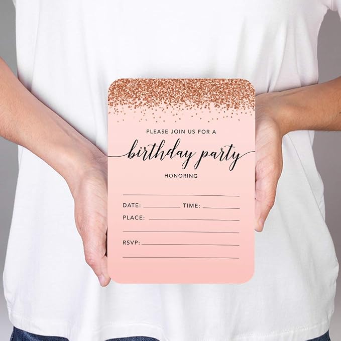 Andaz Press Blush Pink and Rose Gold Glitter Elegant Party Collection, 5x7-inch Invitations with Envelopes, Birthday Party, 24-Pack, Double Sided Printing, Heavy Card Stock, Includes Envelopes