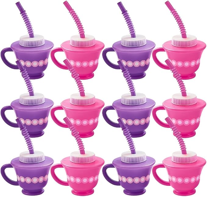 Fun Express Tea Party Cups, Pink & Purple, 8oz, Set of 12 | With Lids and Straws, Plastic Tea Cups for Kids Party Decorations, Disposable Party Favor Cups