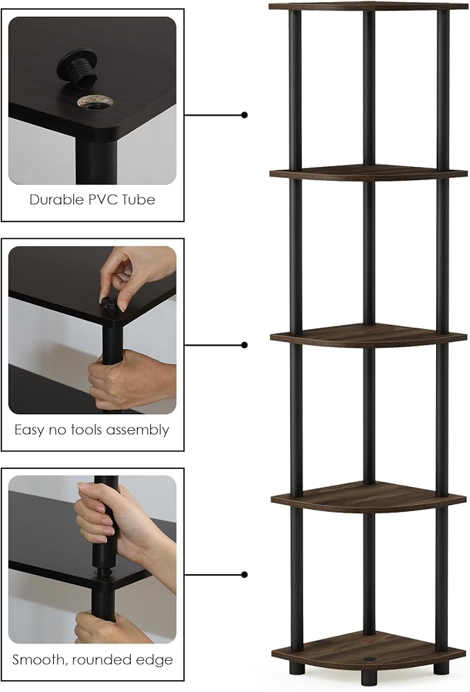 Furinno TURN-N-TUBE Corner Shelf, 5-Tier Corner Bookshelf, Open Storage Shelves, for Organization and Storage, Living Room, Home Office, Garage, Bedroom, Columbia Walnut