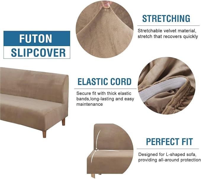 H.VERSAILTEX Real Velvet Futon Cover Armless Sofa Covers Sofa Bed Covers Stretch Futon Couch Cover Sofa Slipcover Furniture Protector Thick Soft Velvet Fabric Form Fitted Stay in Place, Camel